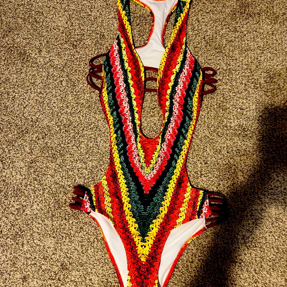 New One piece bathing suit size Large multicolor with crochet pattern